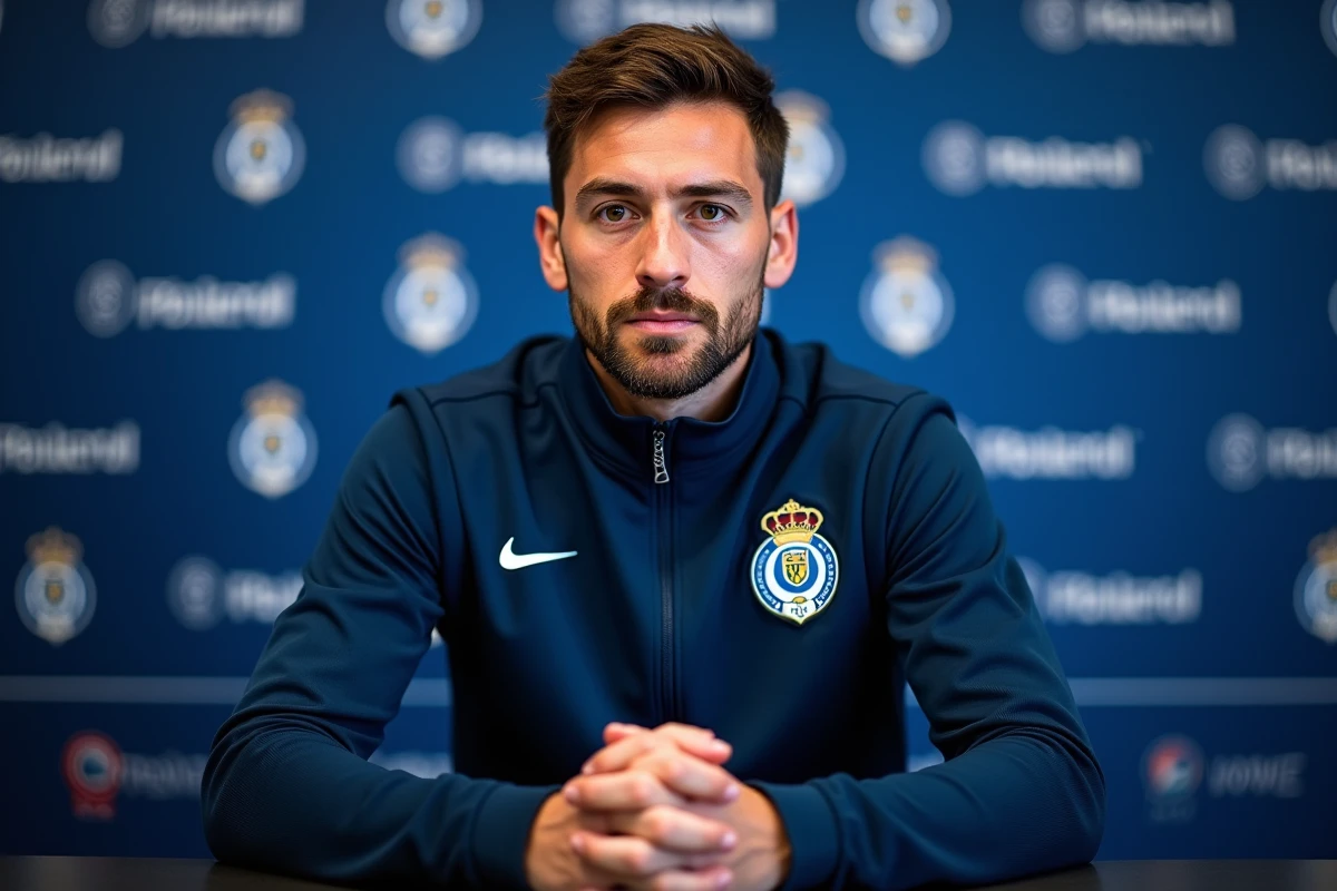 Joueur du FC Porto lors d'une conférence de presse officielle, assis devant le panneau publicitaire du club en tenue d'entraînement