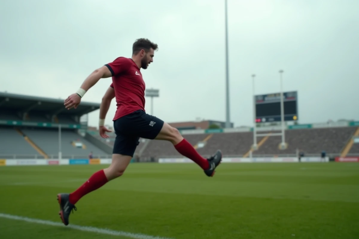 Joueur de rugby effectuant une transformation décisive sur un terrain de Fédérale, maillot rouge et noir, poteaux visibles en arrière-plan