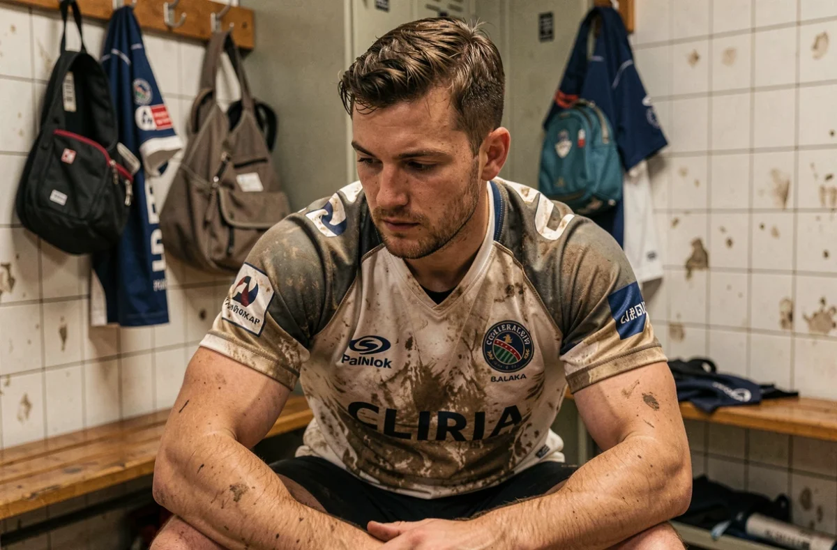 Joueur de rugby en Fédérale 1 dans le vestiaire après le match, maillot boueux et regard pensif