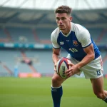Jeune joueur de rugby U20 en position de jeu tenant un ballon ovale sur un terrain international lors de la Coupe du monde