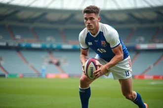 Jeune joueur de rugby U20 en position de jeu tenant un ballon ovale sur un terrain international lors de la Coupe du monde