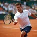 Joueur de tennis professionnel en pleine frappe de coup droit sur terre battue lors d'un tournoi ATP, stade en arrière-plan flou