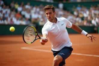Joueur de tennis professionnel en pleine frappe de coup droit sur terre battue lors d'un tournoi ATP, stade en arrière-plan flou