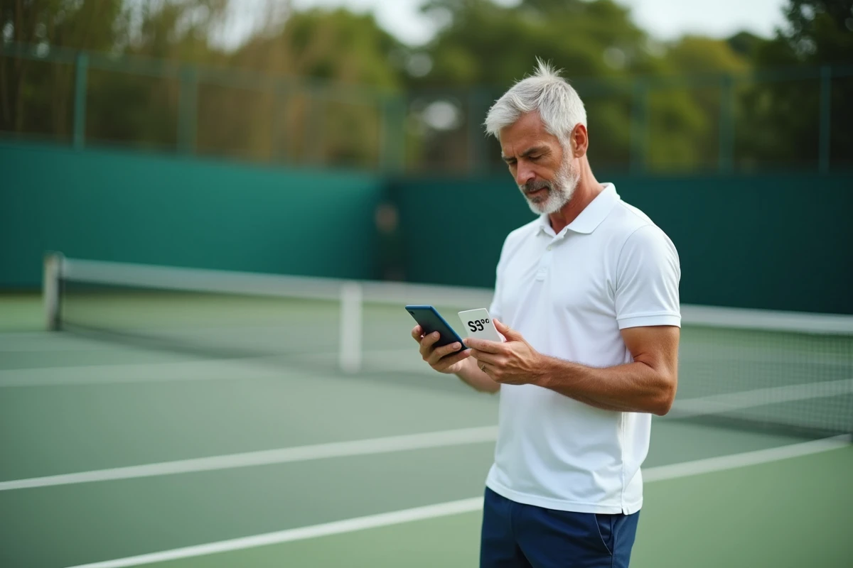 Joueur de tennis adulte vérifiant un code réduction Tennis : zero 2026 sur smartphone au bord du court