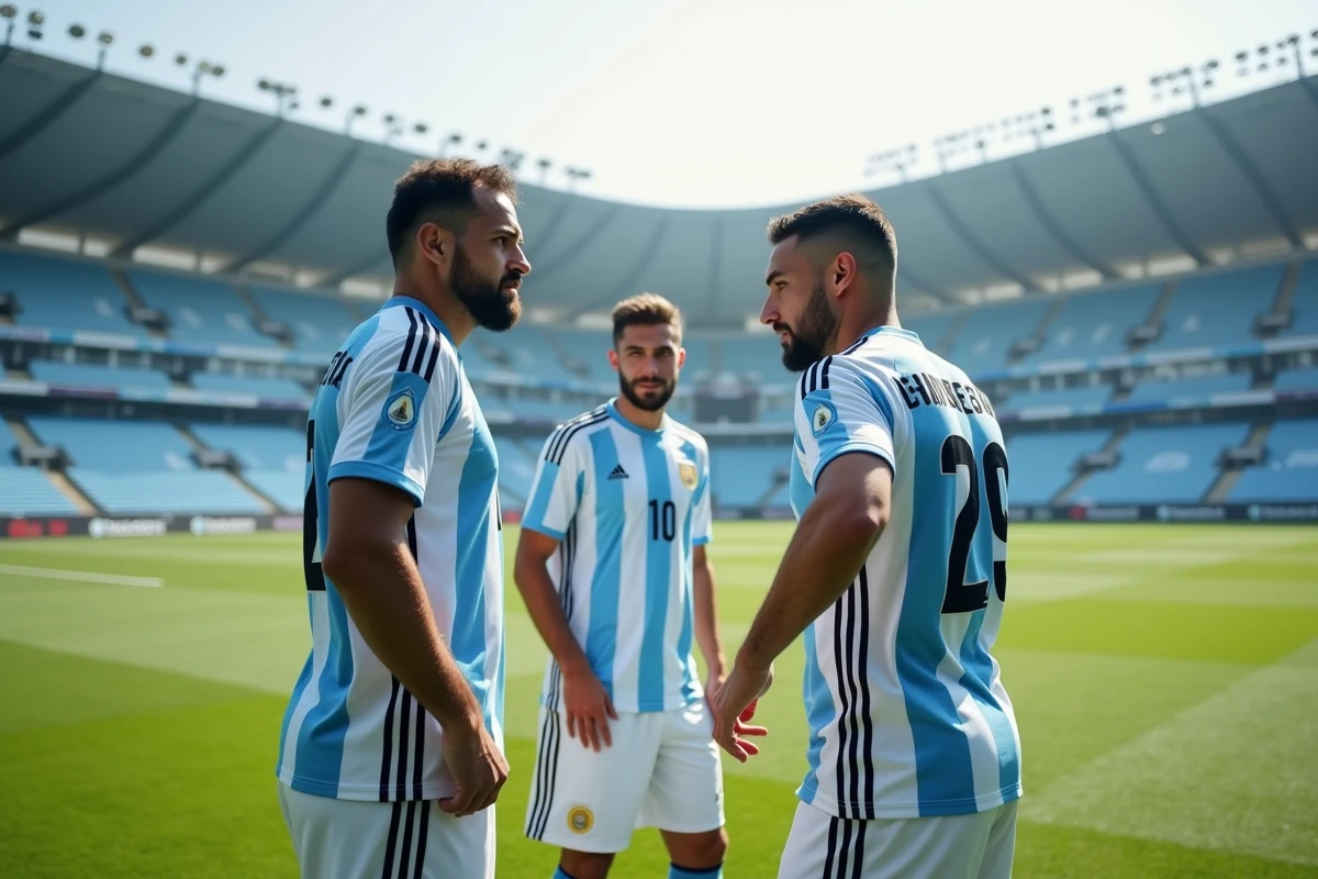 Joueurs argentins en discussion tactique lors d'une séance d'entraînement au stade