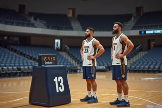 Deux joueurs de basketball en action dans un gymnase