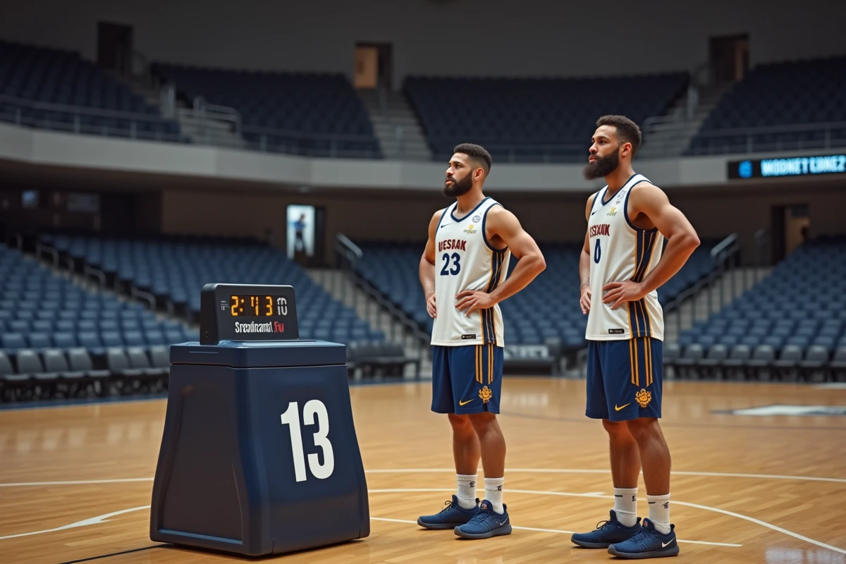 Deux joueurs de basketball en action dans un gymnase