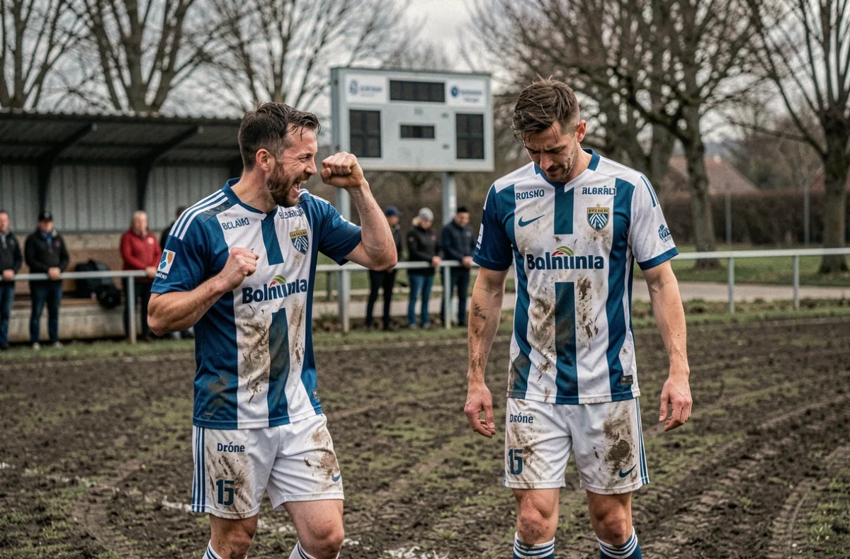 Joueurs de football amateur en fin de match décisif pour la montée ou la descente dans le championnat Drôme Ardèche