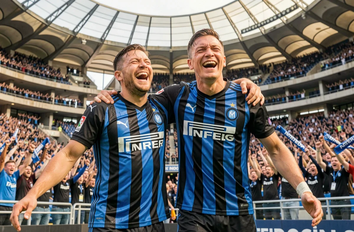 Deux joueurs de l'Inter de Milan célébrant un but au stade San Siro devant les supporters en Serie A
