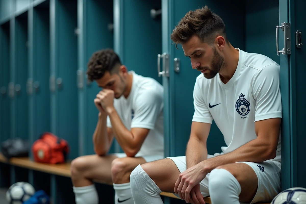 Joueurs de l'OM déçus et fatigués dans le vestiaire après un match difficile