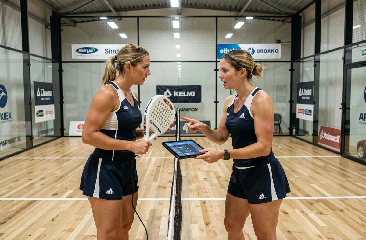 Deux joueuses de padel discutant des scores de qualification et des cuts du tournoi Point P500 sur un court indoor avec écran tactile