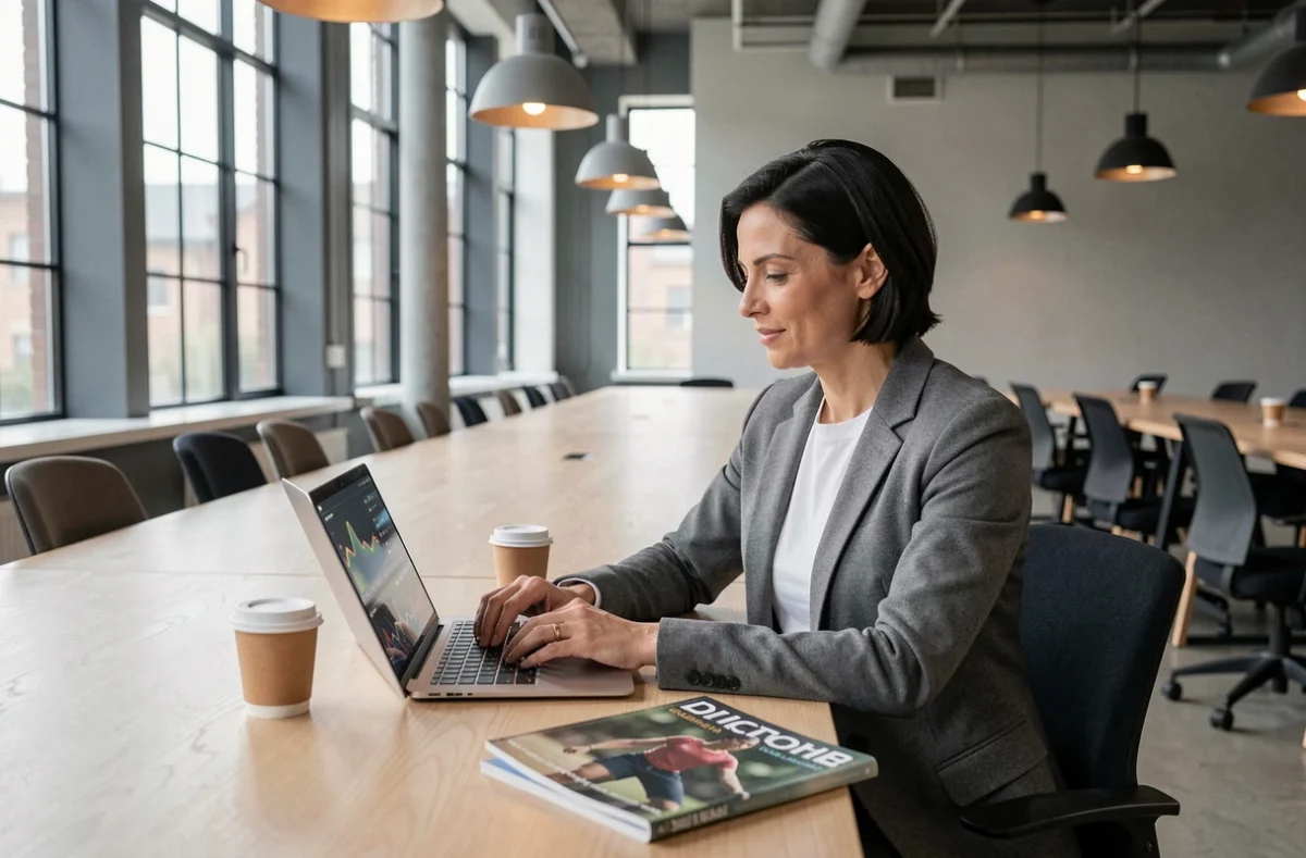 Journaliste sportive indépendante travaillant sur son blog dans un espace de co-working moderne, laptop ouvert avec données sportives visibles