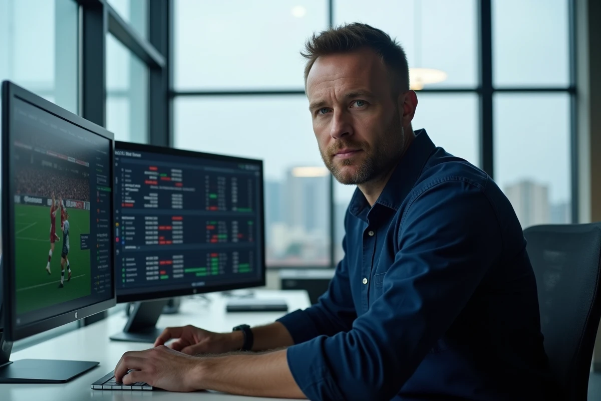 Journaliste sportif analysant les statistiques de l'ASM CyberVulcans sur des écrans en rédaction
