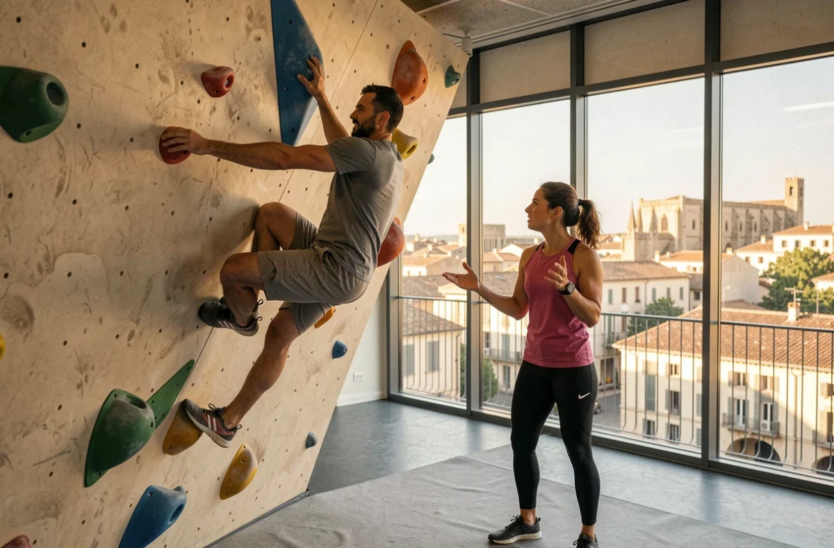 Couple de grimpeurs en session de bloc au Pan d'Avignon