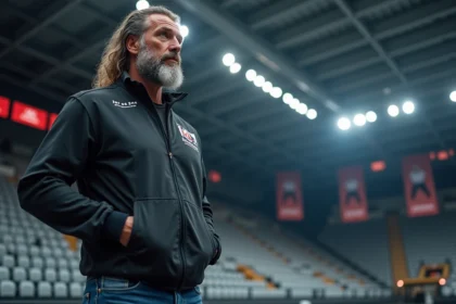 Lutteur sportif confiant dans une arene de lutte