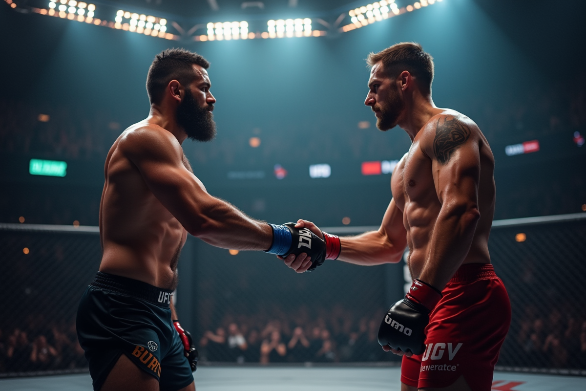 Deux lutteurs MMA se serrant la main dans l'octogone après un combat