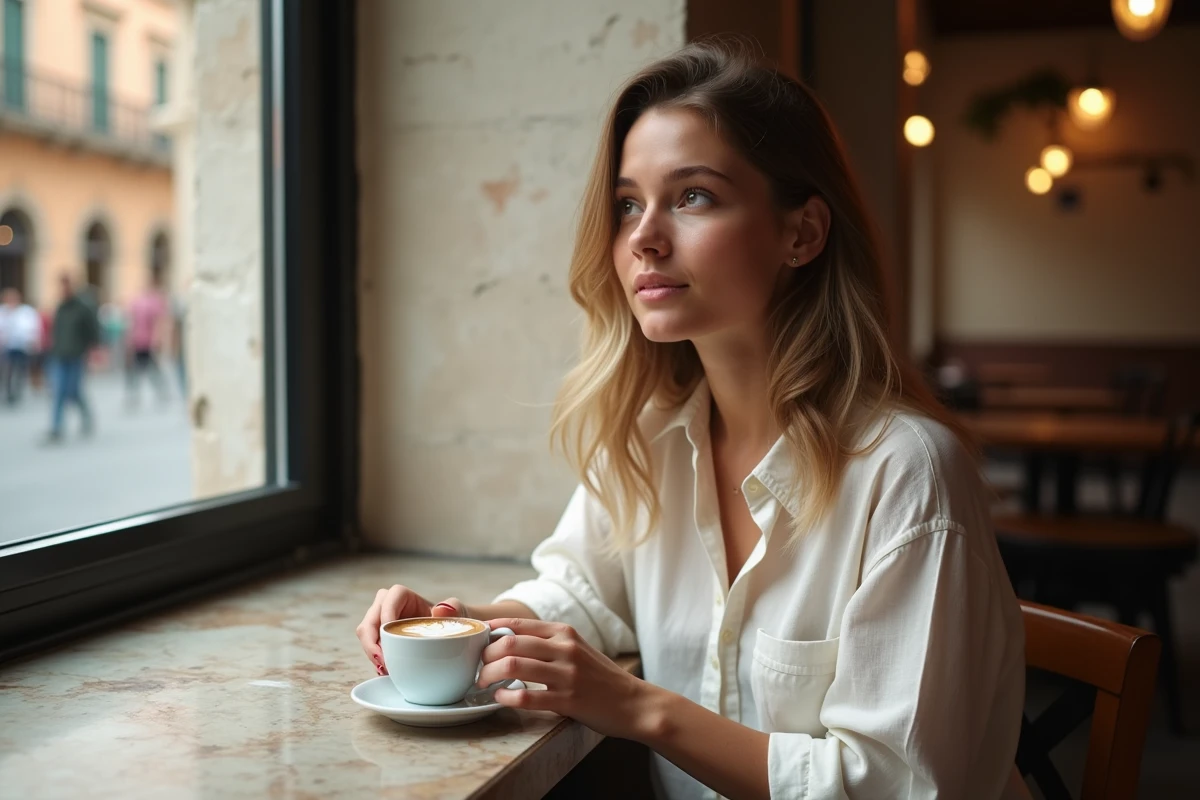 Jeune femme sportive assise dans un café italien regardant par la fenêtre sur une place historique, évoquant la vie quotidienne et l'adaptation d'une joueuse française en Italie