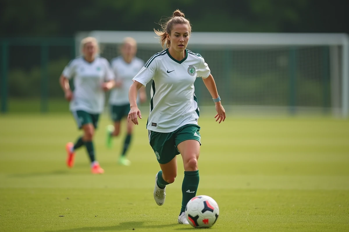 Joueuse de football en action lors d'un entraînement sur un terrain en herbe en Italie, représentant l'expérience professionnelle acquise après un passage à Nantes