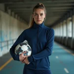 Joueuse de football professionnelle en tenue d'entraînement tenant un ballon près d'un tunnel de stade, illustrant le parcours de Manon Uffren entre Nantes et l'Italie