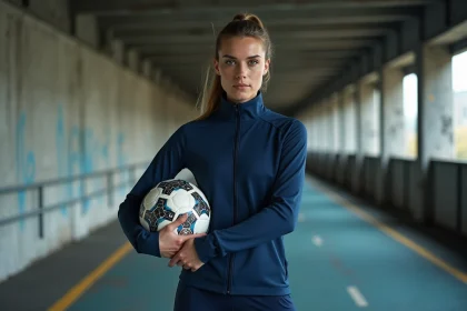 Joueuse de football professionnelle en tenue d'entraînement tenant un ballon près d'un tunnel de stade, illustrant le parcours de Manon Uffren entre Nantes et l'Italie