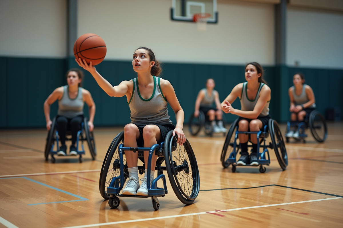 Groupe diversifié jouant au basketball en fauteuil dans un gymnase