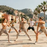 Un groupe de coachs sportifs s'étirant sur une promenade côtière en Provence-Alpes-Côte d'Azur avec la mer Méditerranée en arrière-plan