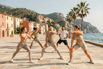 Un groupe de coachs sportifs s'étirant sur une promenade côtière en Provence-Alpes-Côte d'Azur avec la mer Méditerranée en arrière-plan