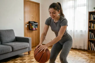 Jeune femme dribblant avec un mini ballon de basket dans un appartement moderne, panier mural fixé sur une porte en bois en arrière-plan