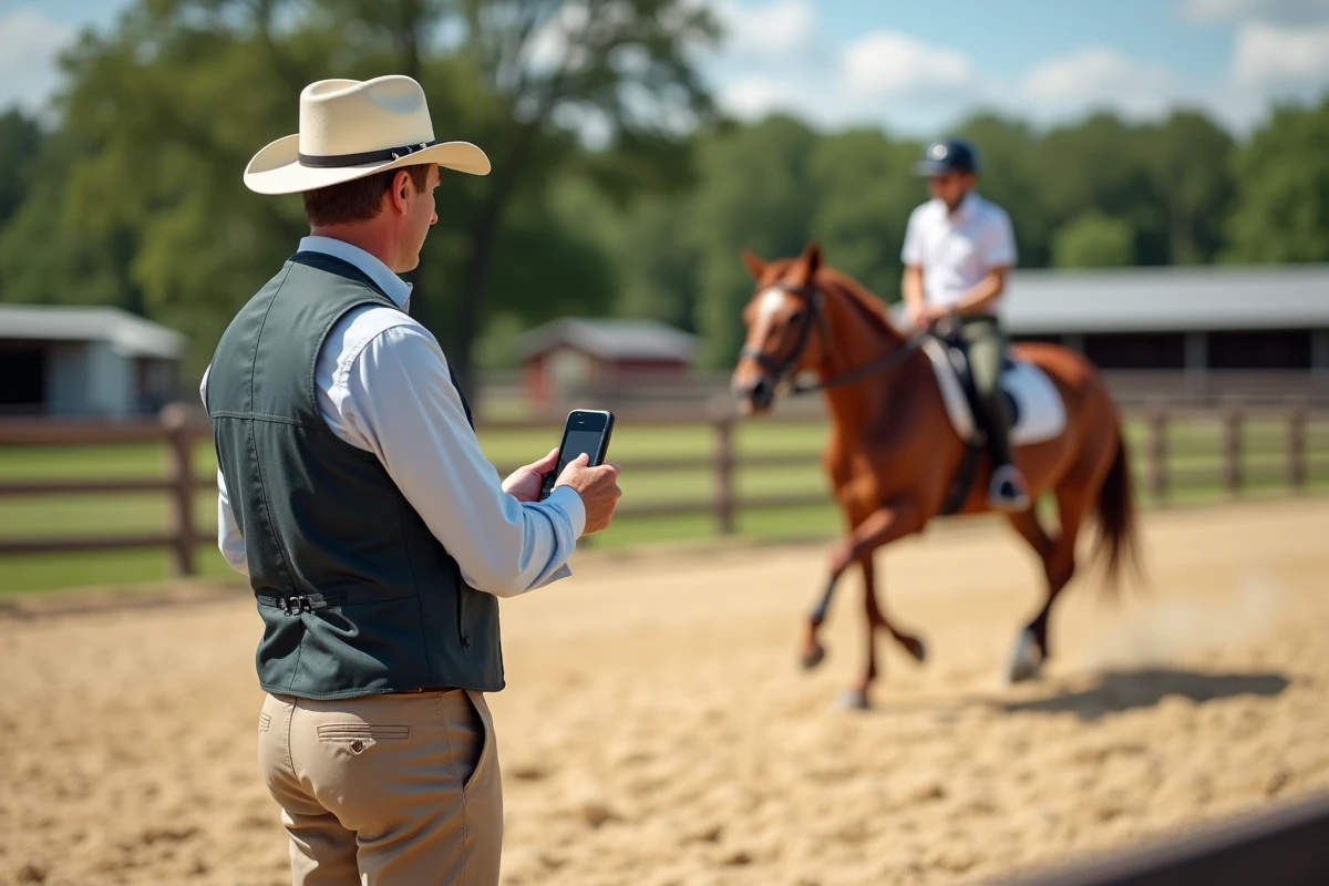 Moniteur d équitation chronomètre un jeune cheval et cavalier