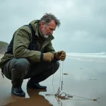 Pêcheur de surf-casting en veste cirée assemblant un montage bar sur une plage atlantique en automne