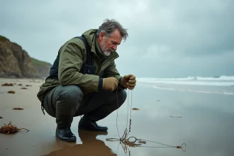 Pêcheur de surf-casting en veste cirée assemblant un montage bar sur une plage atlantique en automne