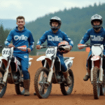 Jeune homme motocross avec trois bikes 250cc en nature