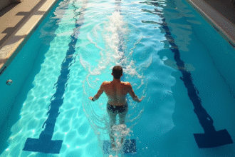 Nageur vu de dessus dans une piscine intérieure lumineuse avec smartwatch
