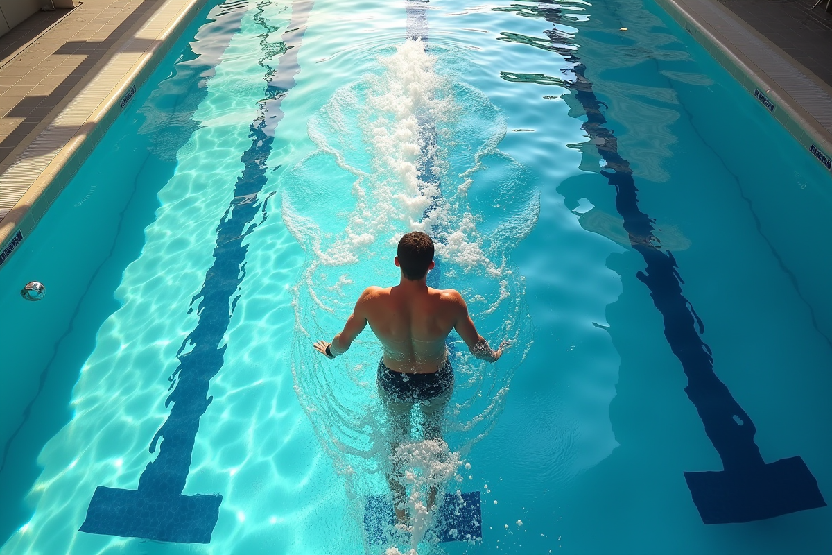 Nageur vu de dessus dans une piscine intérieure lumineuse avec smartwatch