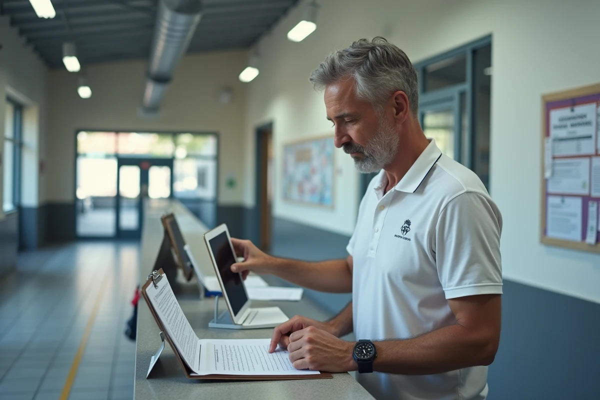 Organisateur de compétition de judo consultant les formulaires de déclaration FFJDA dans un hall de salle de sport