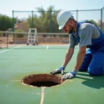 Ouvrier en tenue de chantier inspectant un court de padel en construction