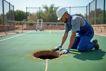 Ouvrier en tenue de chantier inspectant un court de padel en construction