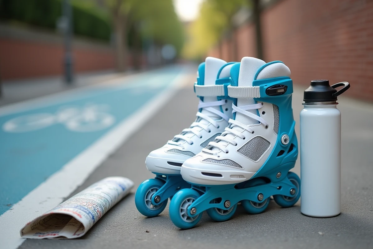 Paire de rollers Urban Glide 140 posée sur le sol en béton d'une piste cyclable urbaine avec une carte et une gourde, vue de dessus