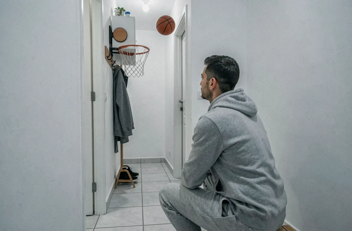 Homme lançant un ballon mousse vers un panier de basket intérieur fixé au-dessus d'un encadrement de porte dans un couloir d'appartement