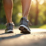 Pieds en chaussures de sport sur sentier en plein air