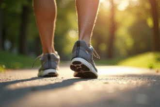 Pieds en chaussures de sport sur sentier en plein air