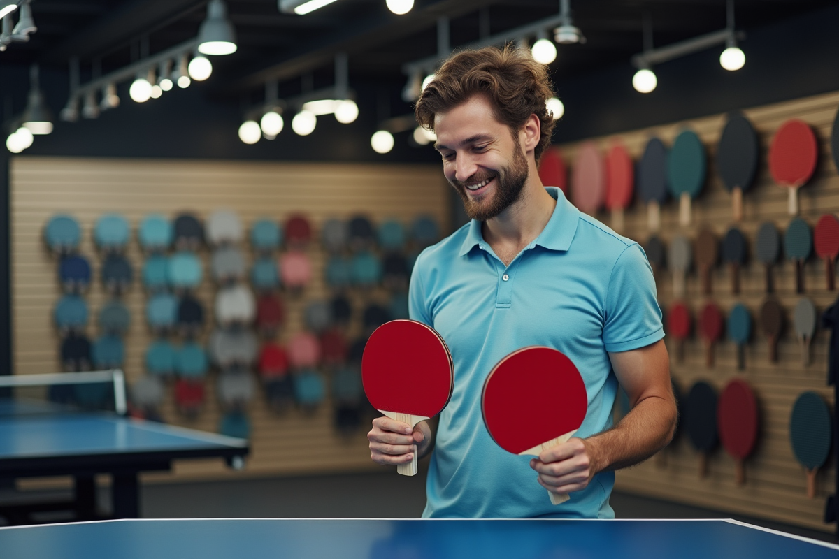 Personne souriante comparant deux raquettes de ping pong