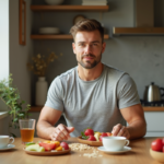 Homme sportif prenant un petit déjeuner sain dans une cuisine moderne