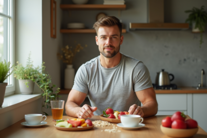 Homme sportif prenant un petit déjeuner sain dans une cuisine moderne
