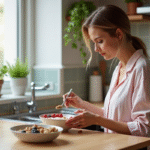 Femme préparant un bol de petit déjeuner sain et gourmand