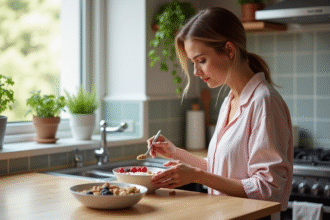 Femme préparant un bol de petit déjeuner sain et gourmand