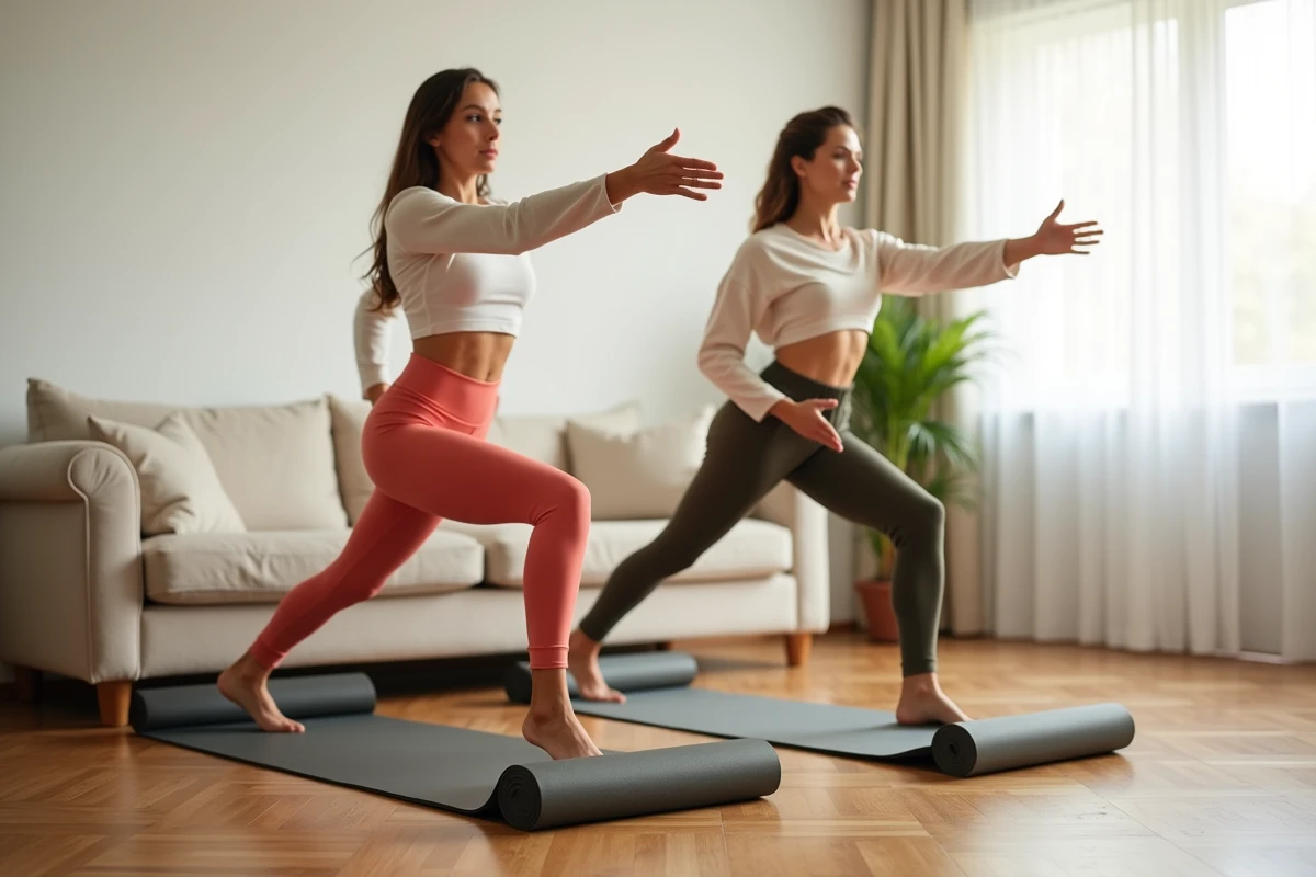Deux femmes pratiquant le Pilates bird-dog dans un salon lumineux pour renforcer le gainage et prévenir les blessures chez les coureurs