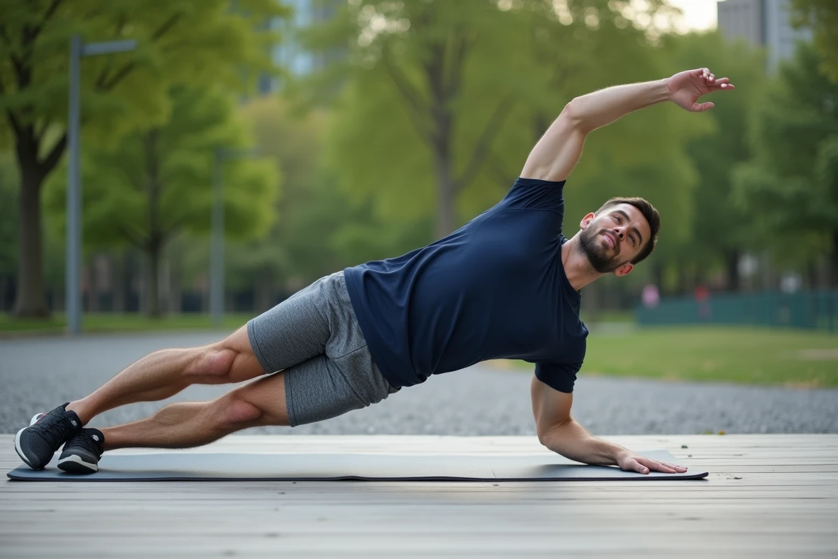 Coureur masculin en plein air réalisant un side plank de Pilates sur terrasse en bois pour prévenir les blessures liées à la course à pied