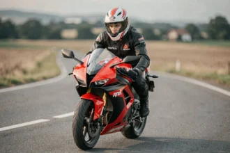 Jeune pilote en équipement de route sur une Aprilia RS 125 rouge sur route asphaltée en rase campagne