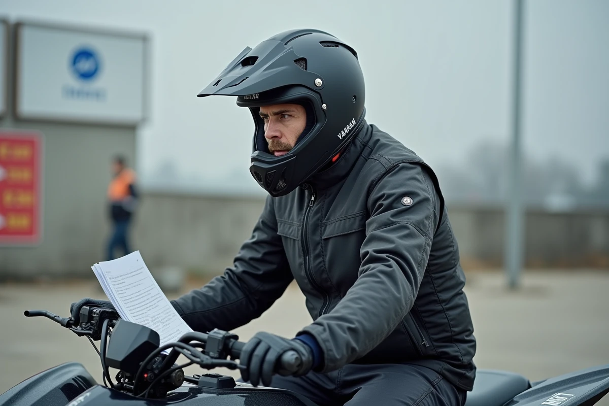 Pilote de quad Yamaha Raptor 700 tenant des documents officiels lors d'une inspection d'homologation, illustrant les démarches administratives pour le permis